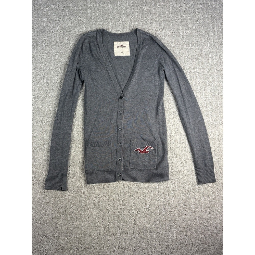 VTG Hollister Y2K Gray Fine Knit V-Neck Button Cardigan Sweater Red Logo XS 2007